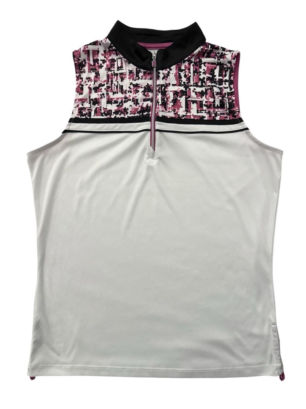 PGA Tour Golf Polo Sleeveless Performance Top White Pink Black Zip Neck Large